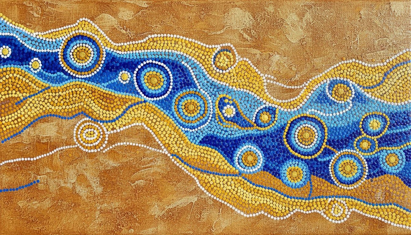 Australian Aboriginal inspired dot art design in blues and yellows, honouring First Nations peoples and their connection to Country